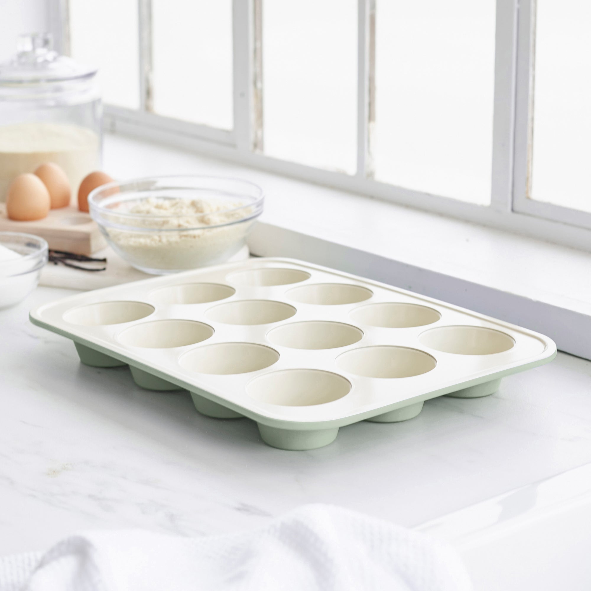 GreenLife GL Bakeware - Stampo Per 12 Muffin, Colore Salvia, Antiaderente, Per Cupcake E Dolcetti