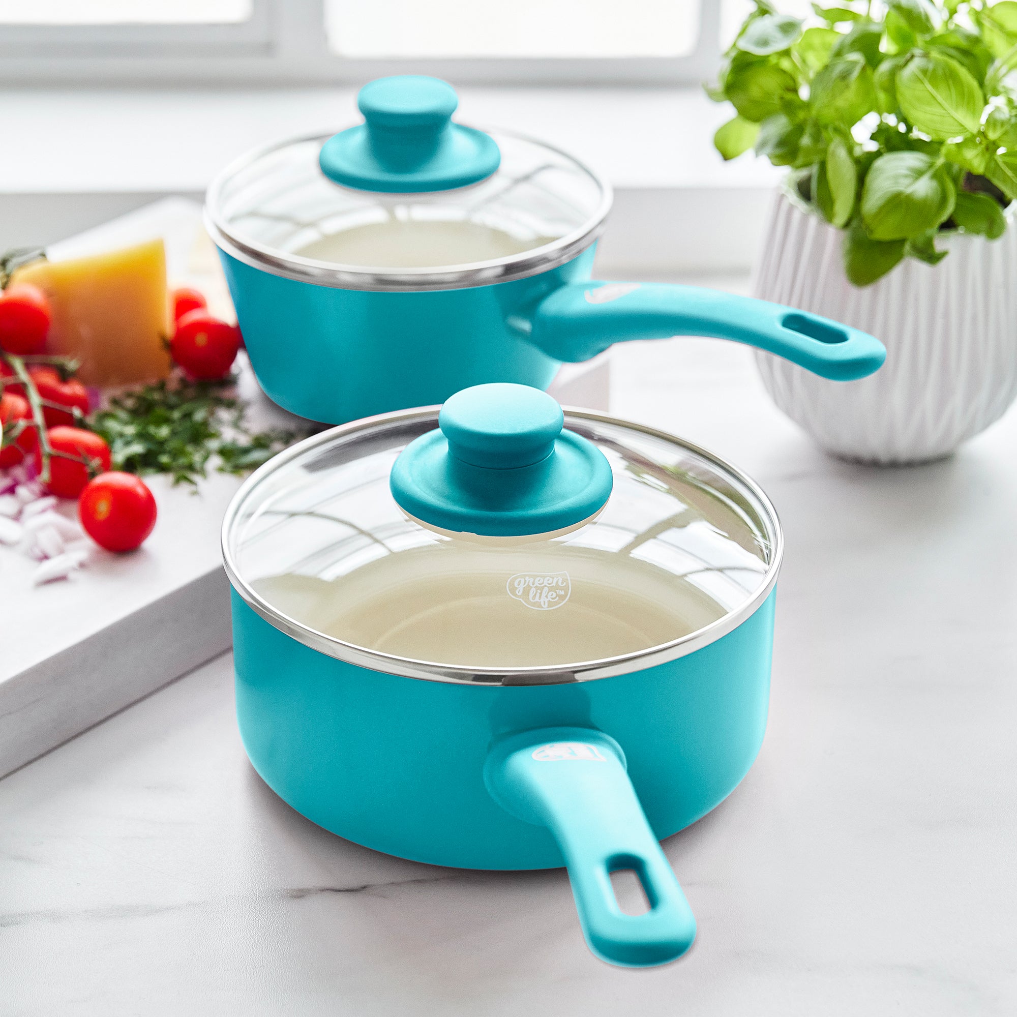 GreenLife Soft Grip Healthy Ceramic Nonstick, 1qt and 2qt Saucepan Pot Set with Lids, PFAS-Free, Dishwasher Safe, Caribbean Blue