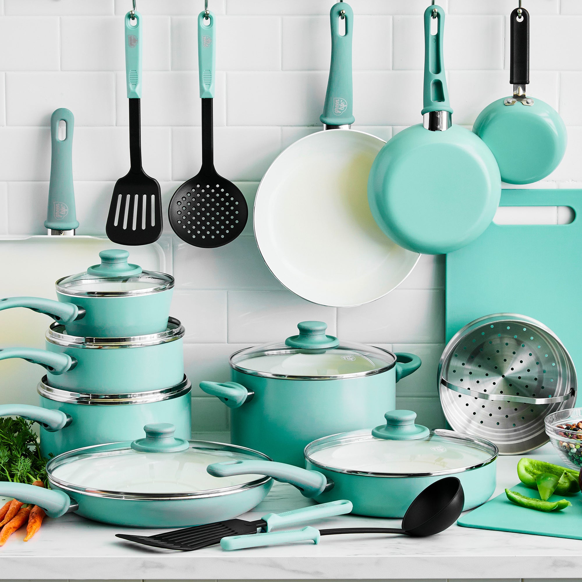 GreenLife Soft Grip 16 Piece Ceramic Non-Stick Cookware Set, Turquoise