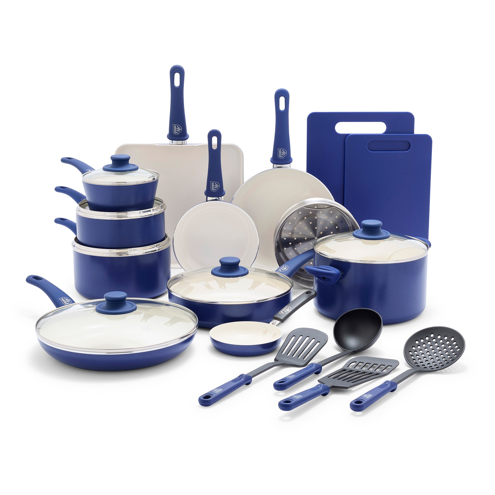 Healthy Non-Toxic Nonstick Cookware Sets - Soft Grip 23-Piece Cookware Set in Blue - by GreenLife