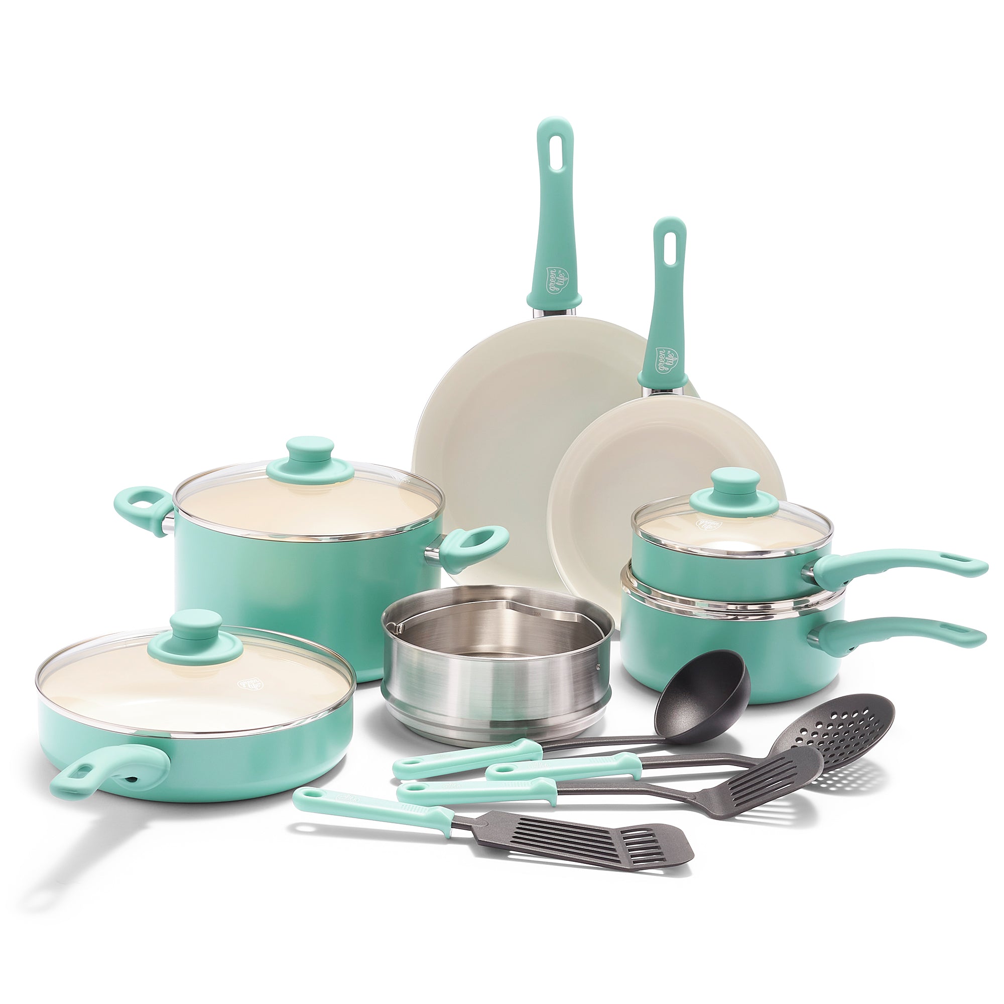 GreenLife Soft Grip 16 Piece Ceramic Non-Stick Cookware Set, Turquoise