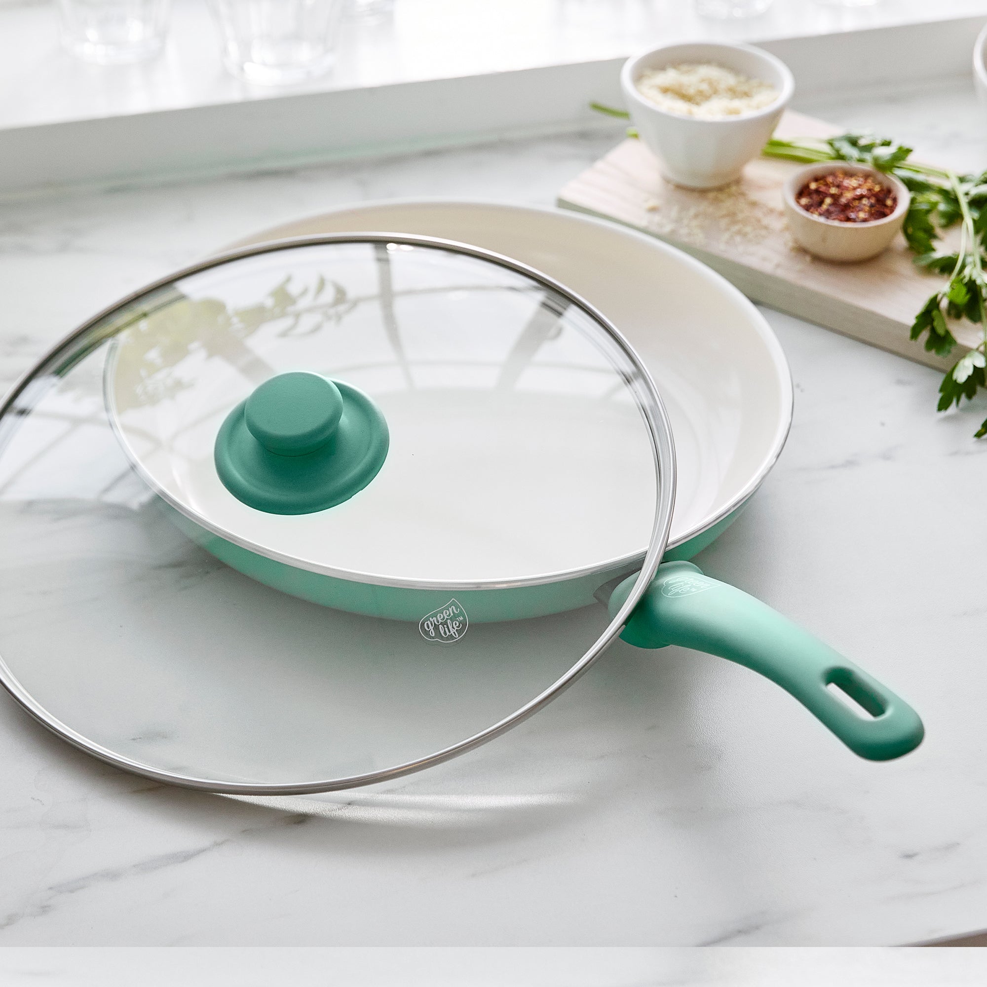 GreenLife Soft Grip Healthy Ceramic Nonstick, 12 Frying Pan Skillet with Lid, PFAS-Free, Dishwasher Safe, Turquoise