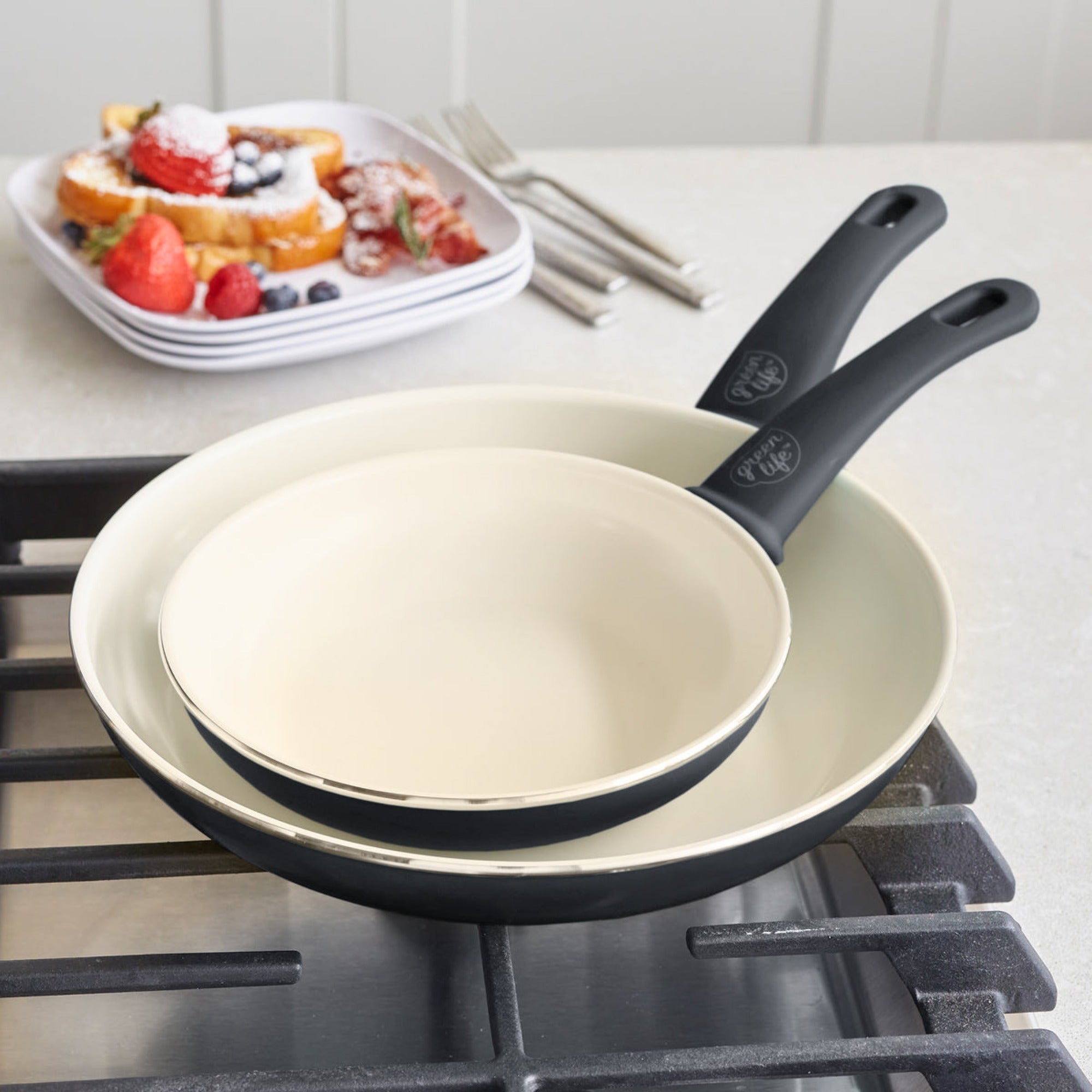 GreenLife Soft Grip Healthy Ceramic Nonstick, 7 and 10 Frying Pan Skillet Set, PFAS-Free, Dishwasher Safe, Black and Cream