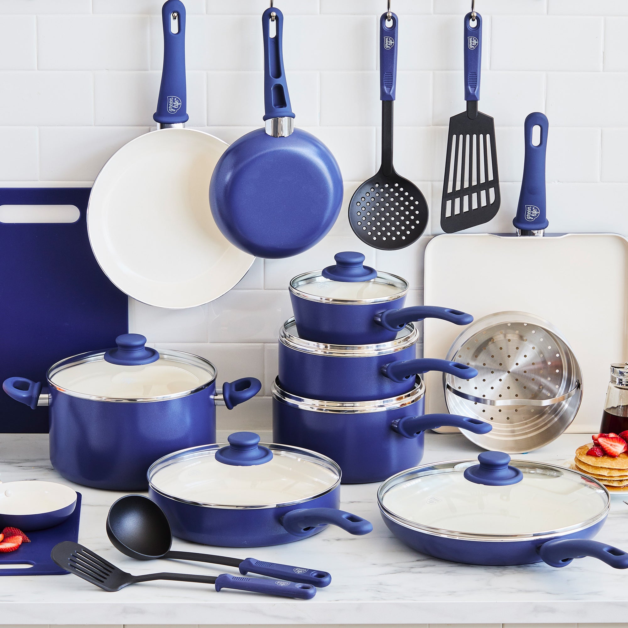 Healthy Non-Toxic Nonstick Cookware Sets - Soft Grip 23-Piece Cookware Set in Blue - by GreenLife